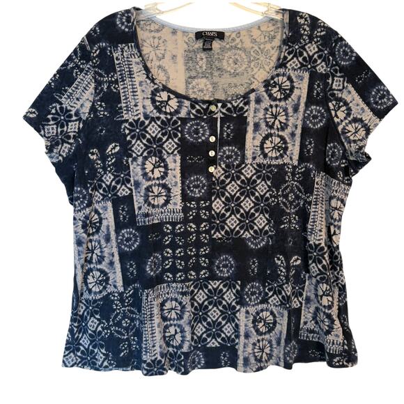 CHAPS Tie Dye IKAT Patchwork Henley Tee Womens Size 2X Blue Casual Boho Top - Picture 1 of 7
